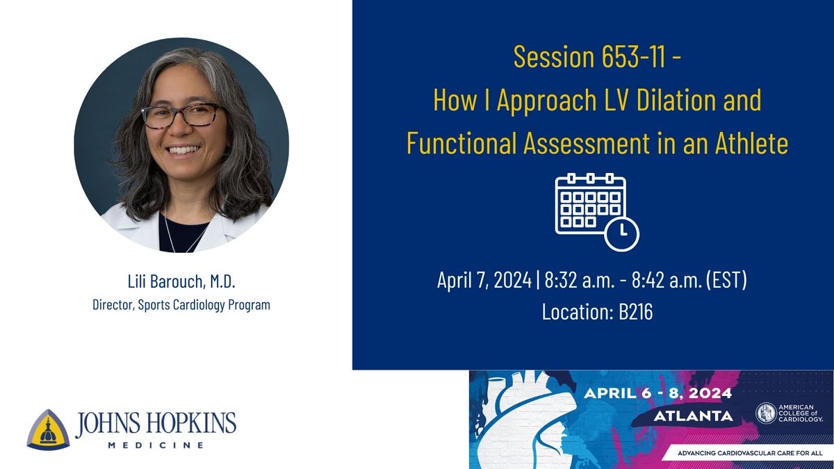 This session at #ACC24 highlights challenges associated with cardiac imaging in athlete patients. Don't miss this presentation by @LiliBarouch. @HopkinsMedicine