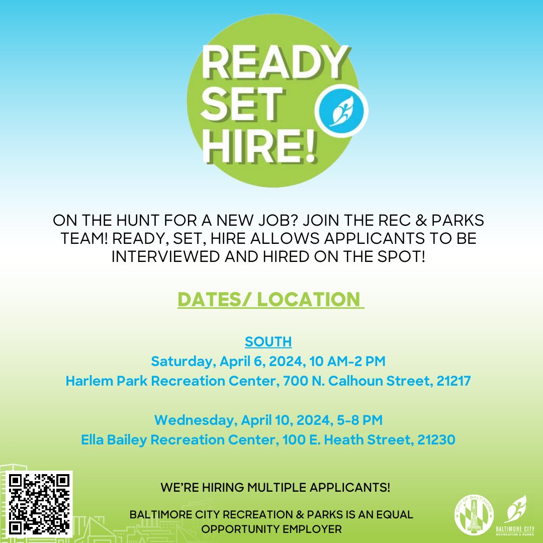 Looking for a job? Come work for BCRP! We're hosting our South regional hiring event this Saturday, 4/6, at Harlem Park Rec Center and another one on Wednesday, 4/10, at Ella Bailey Rec Center. Find a hiring event near you at bcrp.baltimorecity.gov/readysethire. #Careers #Employment #Jobs