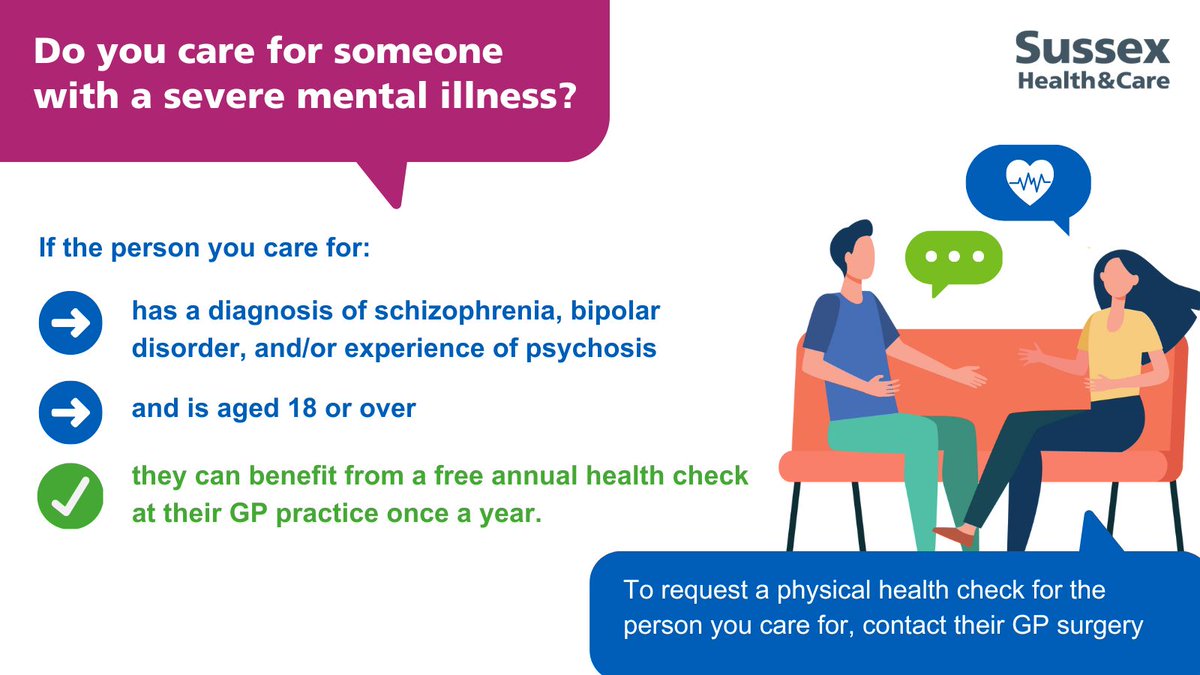 Do you care for someone with a severe mental illness, including schizophrenia or bipolar disorder? They are eligible for a free annual #PhysicalHealthCheck, which can help spot any conditions or issues that might need further treatment.

Contact their GP surgery to book 📞📱