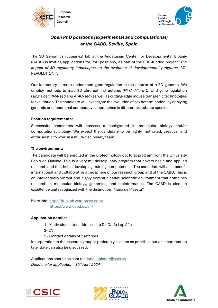 🚨 Job Alert, we are recruiting! 🙏Please RT 📢 We offer PhD positions @CABD_UPO_CSIC to work in an @ERC_Research funded project on the evolution of vertebrate sex determination 📨Send your application to dario.lupianez@csic.es