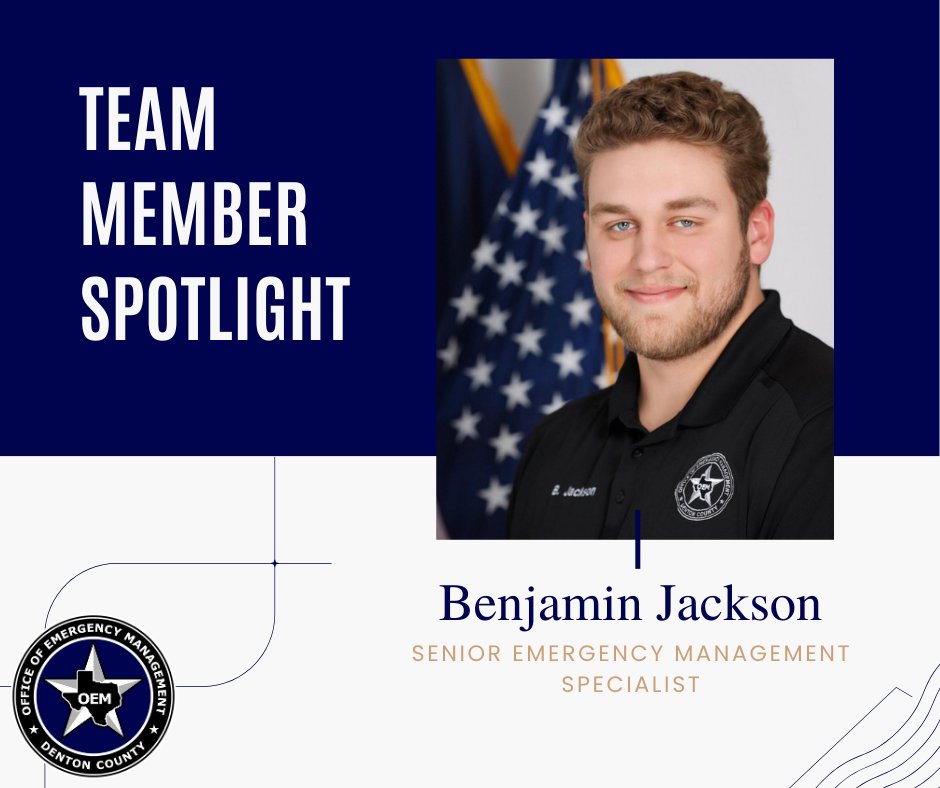 DentonCountyOEM's tweet photo. Help us celebrate Ben Jackson, a Senior Emergency Management Specialist! W/ over 2 years of expertise, Ben strengthens our team &amp; leads our Internship Program!

A key lesson he has learned: network w/ those who share our commitment to life safety.

Thank you, Ben, for all you do! https://t.co/mTDXkZh1WV