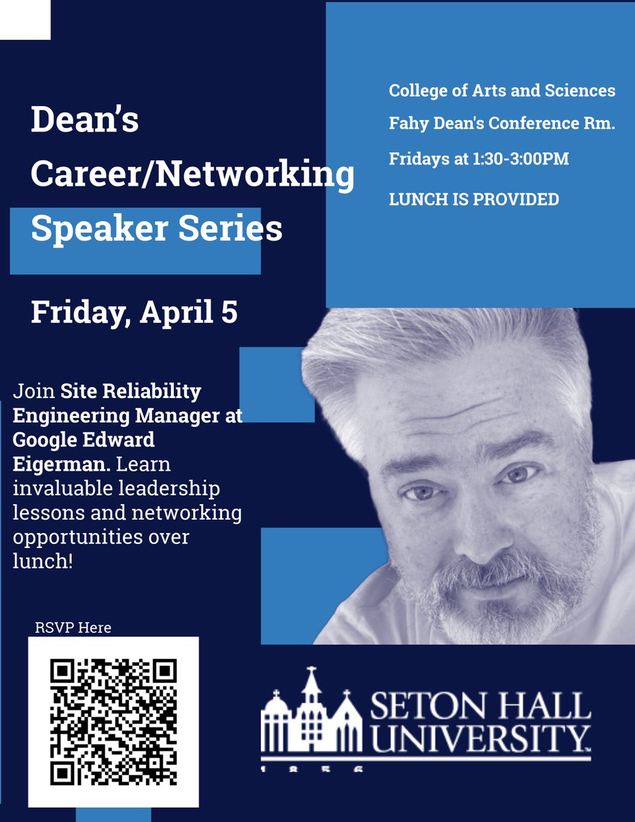 Seton Hall students, join us this Friday for our weekly Dean Speaker Series! This week's guest speaker is Ed Eigerman. You won't want to miss this amazing opportunity to speak with Ed about his success during his career at Google. As a reminder, please register using the QR code.