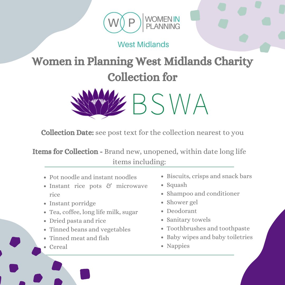 We are supporting @womeninplanning West Midlands with their charity collection for @bswaid. If anyone would like to drop any of the items needed off with us we would be hugely grateful! #WeAreWrightHassall #BSWA #Collection