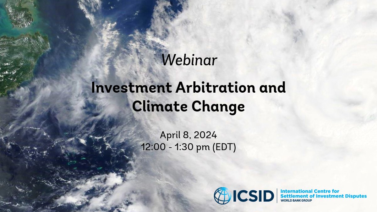 Join us this Monday for a #webinar on the intersection between investment law and #climatechange. We’ll be looking at the different types of climate-related investment disputes and how climate science will be relevant in #ISDS cases.

Register: bit.ly/3IMbIKD