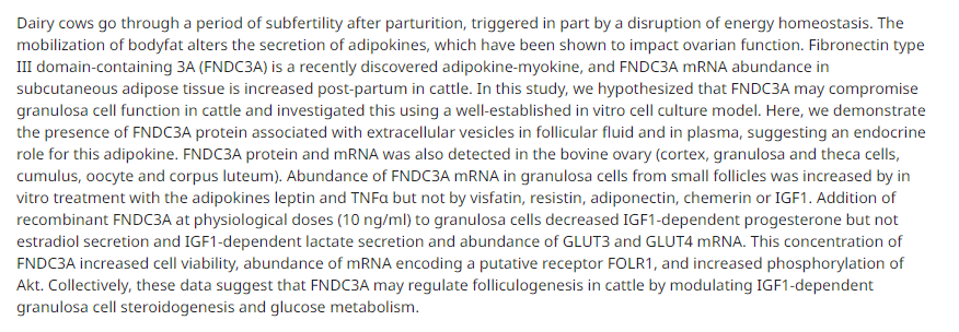 GOOD NEWS 🐮
We are pleased to announce that we publish new paper in <a href="/ReprodJournal/">Reproduction journal</a> about the role of FNDC3A on folliculogenesis in bovine granulosa cells by Mathilde DAUDON et al. in cooperation with <a href="/CPriceLab/">Christopher Price</a> 
Enjoy: doi.org/10.1530/REP-23…