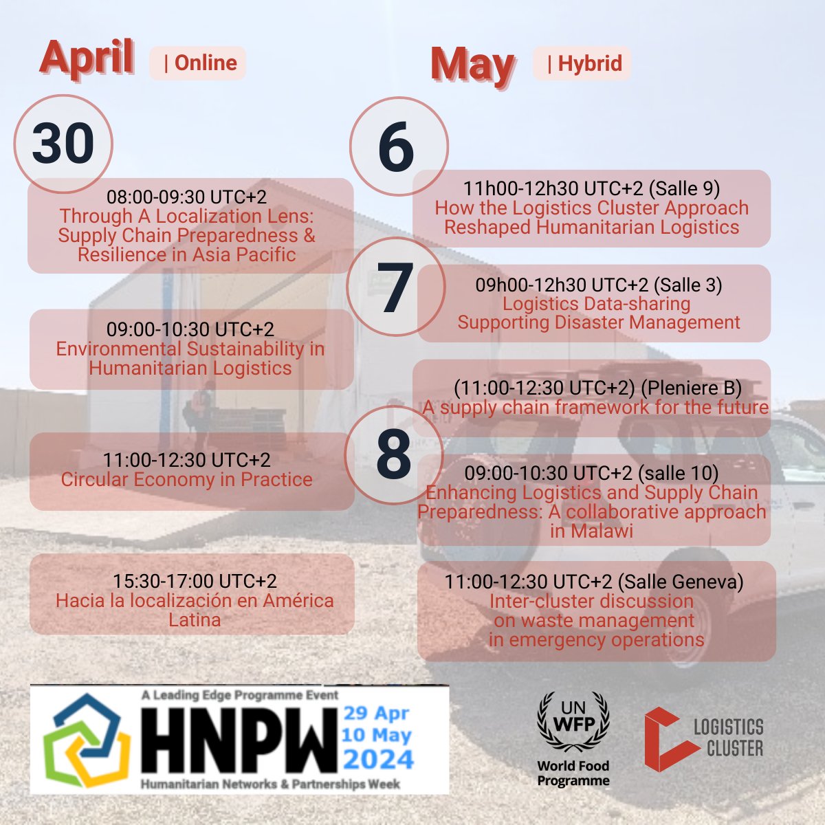 📣 Less than 1 month left until the Humanitarian Networks and Partnerships Week #HNPW 2024 kicks off! 🌍 🤝 The Logistics Cluster is gearing up with partners to actively contribute insights and expertise to various sessions. Secure your spot now: vosocc.unocha.org/Report.aspx?pa…