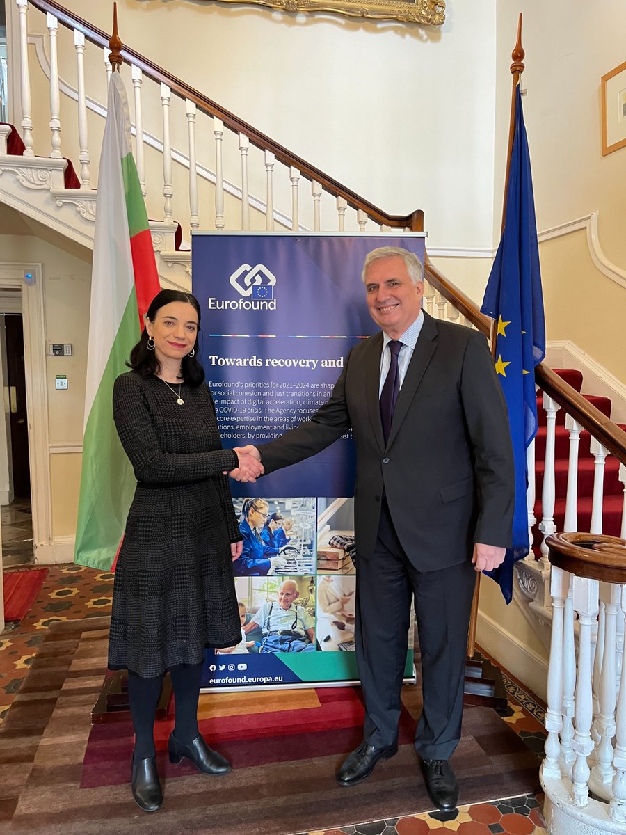 🤝 @IvailoKalfin met with H.E. @malvan17, Ambassador of the Republic of Bulgaria 🇧🇬 to Ireland, this morning. Eurofound is the only EU agency based in Ireland 🇮🇪, maintaining close diplomatic relations is an important part of our work. #Eurofound50