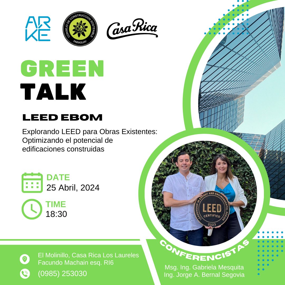 ARKE_PY's tweet image. Green Talk sobre &quot;LEED Existing Buildings: Operation and Maintenance (EBOM)&quot;. 📚💼

🗓️ Jueves, 25 de abril
🕕 18:30 horas
🏢 El Molinillo, Casa Rica Los Laureles
📌 Presencial
💰 100% gratuita

Registrate 👉lnkd.in/d4SAnFVC 

¡Te esperamos! 🌱