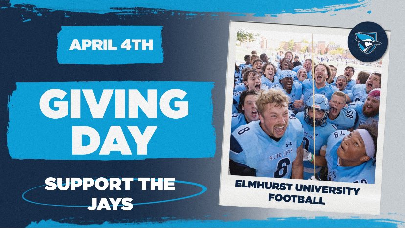 April 4th is Giving Day. Any donation helps, no donation is too small. THANK YOU - Go Jays! givingday.elmhurst.edu/campaigns/2024… 1. Make a Gift 2. Select Gift Amount 3. Fill out Info 4. Choose Football as Athletic Program you want to support