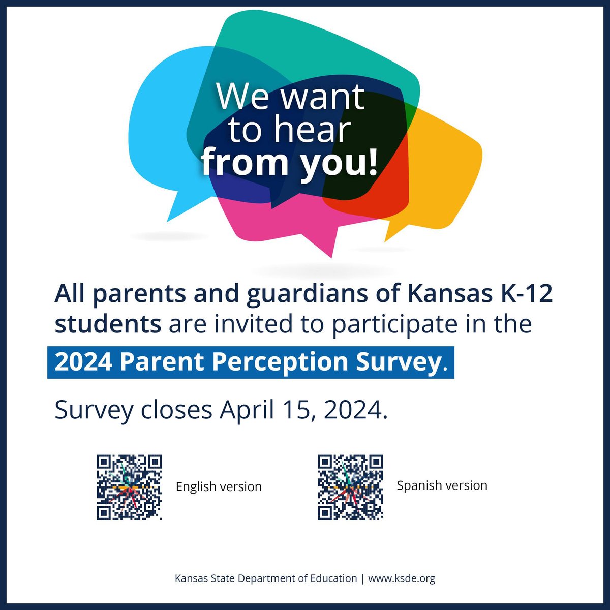 Kansas parents with K-12 kids! Please take this short Parent Perception Survey to share your thoughts about post-high school opportunities for your students.

English version: ksde.sjc1.qualtrics.com/jfe/form/SV_9u…

Spanish version:  ksde.sjc1.qualtrics.com/jfe/form/SV_5z…