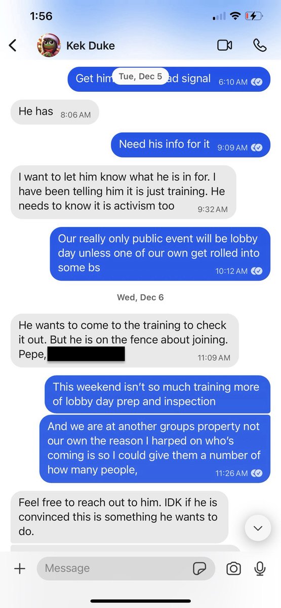 32) On December 5, Duke attempted to bring a new member into the group. ICE provided me with an additional screenshot including that person's number, calling him Pepe. As a private citizen, I won't publicly ID him. However, I called him. See next tweet. twitter.com/FordFischer/st…