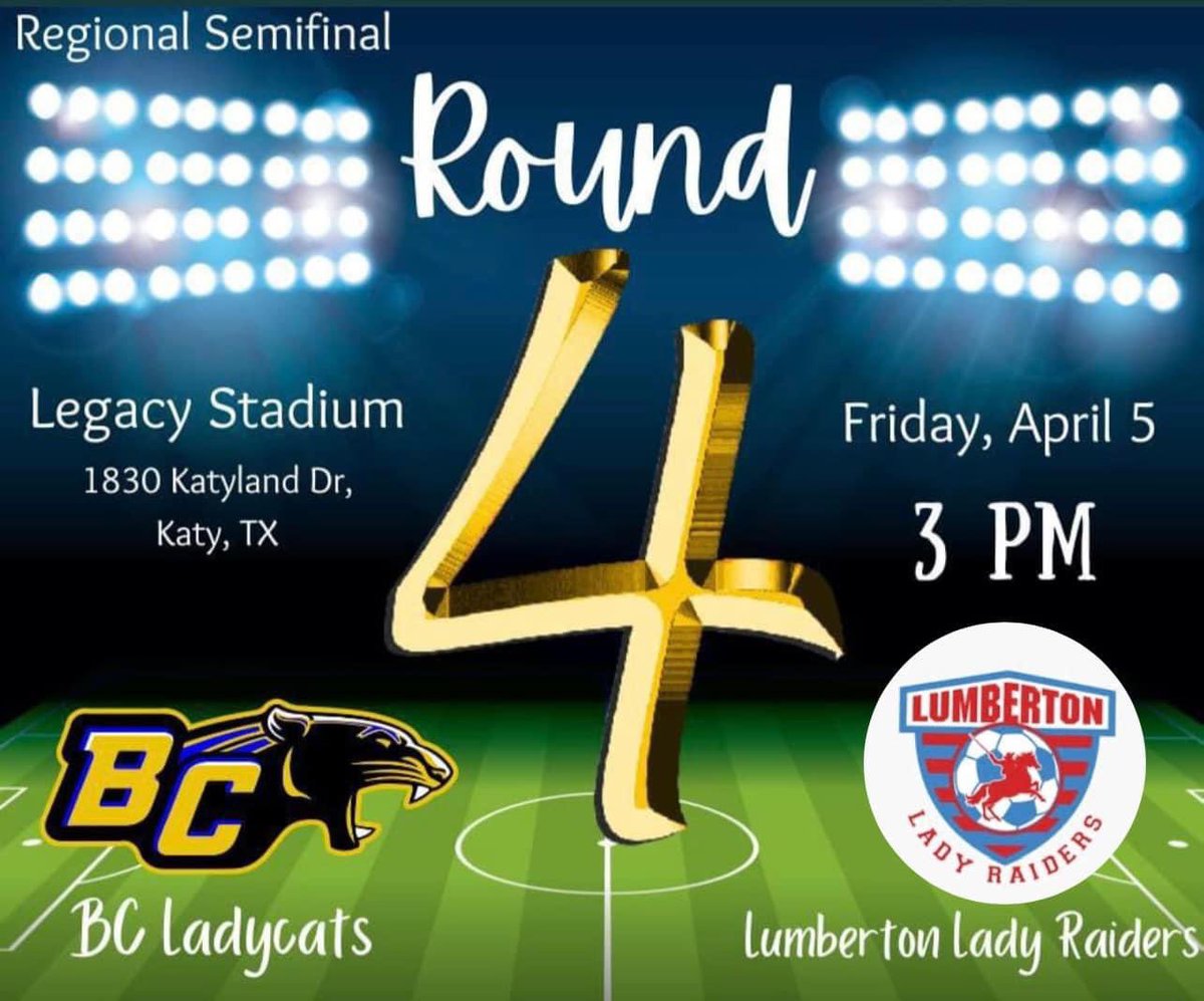 ROUND 4!! Your Lady Raiders will take on the BC Lady Cats at Legacy Stadium in Katy on Friday, April 5th at 3pm! Come out and support 🚂🚂