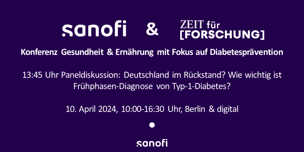 Am 10. April sind wir Partner bei der #ZEITfürForschung Konferenz in Kooperation mit @zeitfuerx @dedoc. Eine gute Gelegenheit, um über die Bedeutung der Früherkennung von Typ-1-Diabetes zu sprechen: bit.ly/3gPC1Fo #ZfF #XfürGesundheit #Sanofi #T1D #Diabetes