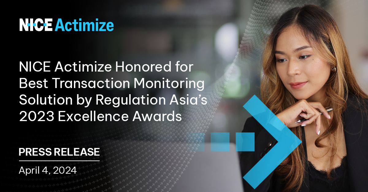 We are proud to announce that NICE Actimize was honored for Best Transaction Monitoring Solution by @RegulationAsia’s 2023 Excellence Awards! Find out more: okt.to/GkRDNK #FinTech #AI #MachineLearning #TransactionMonitoring #Awards
