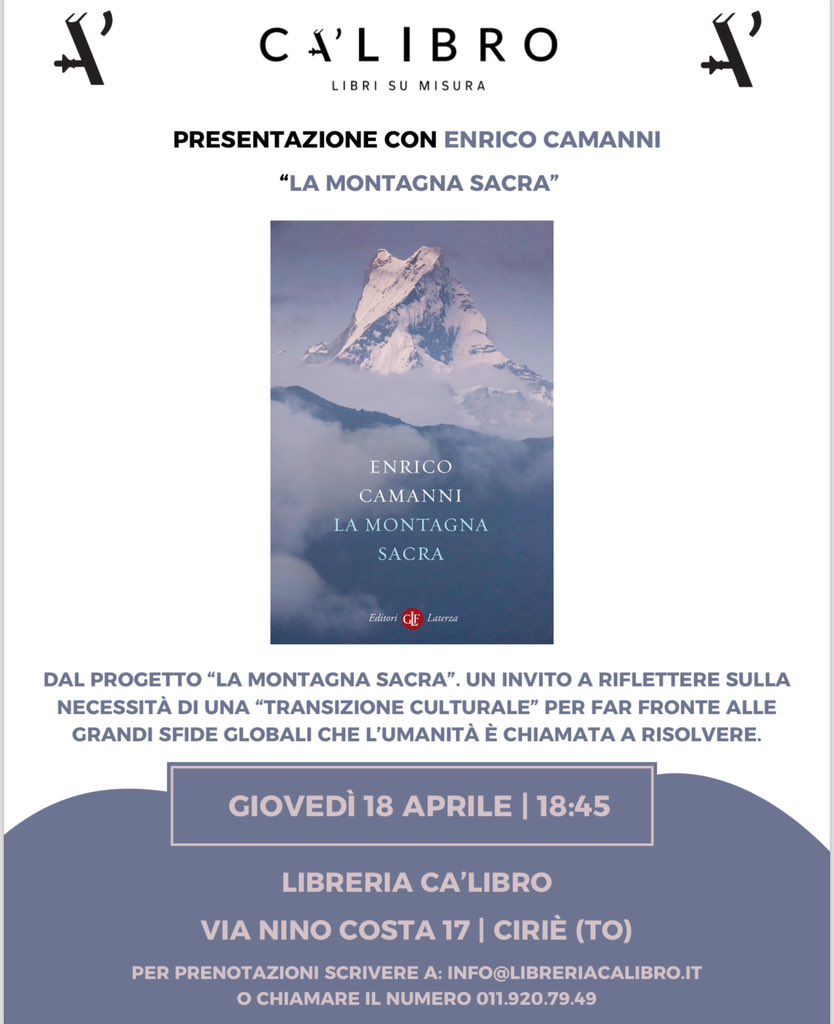 Giovedì 18 aprile presentiamo “La montagna sacra” insieme all’autore Enrico Camanni alla libreria Ca’libro di Ciriè (TO). Qui info sul libro: laterza.it/scheda-libro/?…