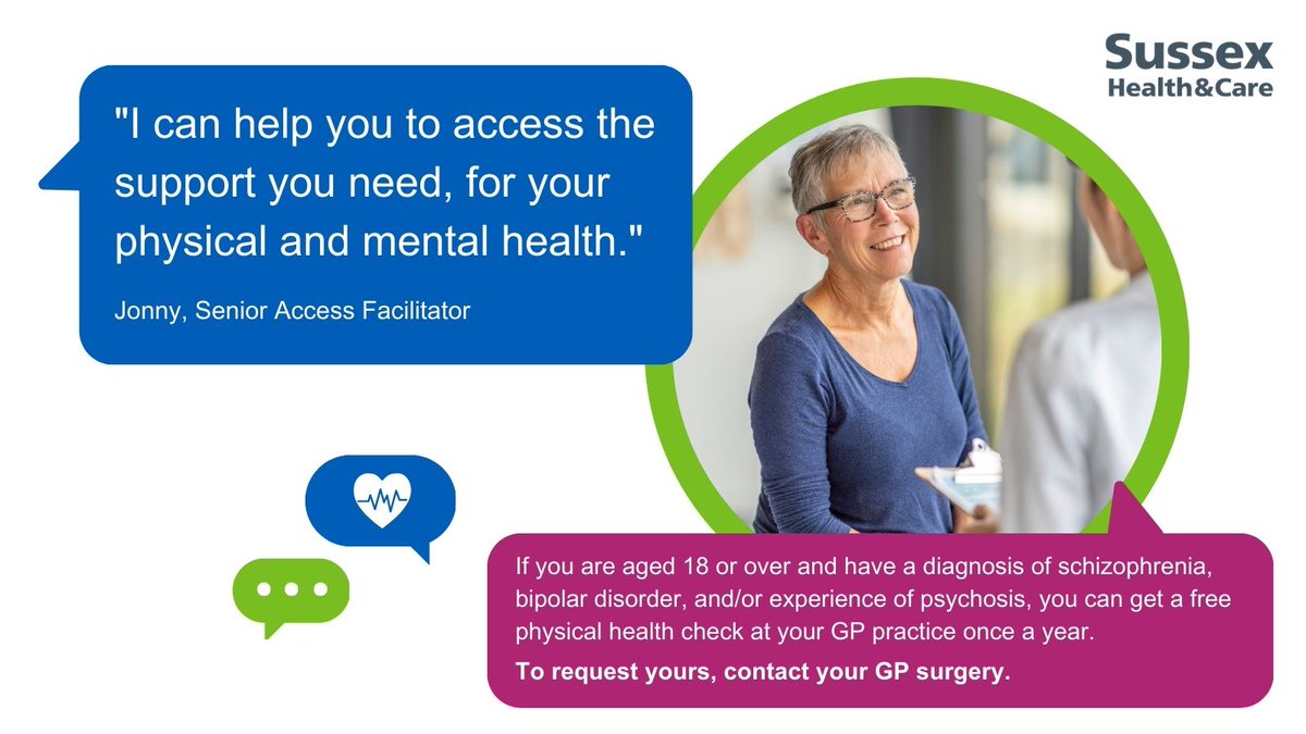 Our new Access Facilitator roles help people with severe mental illness (including schizophrenia and bipolar disorder) to have an annual #PhysicalHealthCheck.

Contact your GP surgery to book 📱📞

@SxHealthandCare