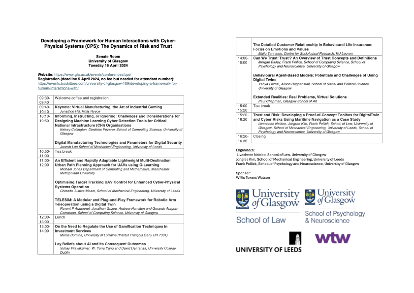 Frank Pollick (@frankpollick) on Twitter photo One more day to register - Developing a Framework for Human Interactions with CyberPhysical Systems: The Dynamics of Risk and Trust. Enjoy a multidisciplinary day! See attached for details <a href="/DigitalTwinCon/">Digital Twin Consortium</a> <a href="/DigitalTwinHub/">DigitalTwinHub</a> <a href="/uofgmvlsengage/">MVLS Engagement Team</a> <a href="/UofGMVLS/">UofG MVLS</a> One more day to register - Developing a Framework for Human Interactions with CyberPhysical Systems: The Dynamics of Risk and Trust. Enjoy a multidisciplinary day! See attached for details <a href="/DigitalTwinCon/">Digital Twin Consortium</a> <a href="/DigitalTwinHub/">DigitalTwinHub</a> <a href="/uofgmvlsengage/">MVLS Engagement Team</a> <a href="/UofGMVLS/">UofG MVLS</a>