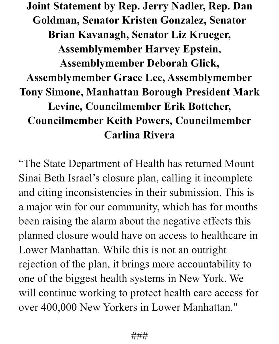 🚨BIG NEWS🚨 DOH has finally returned Mount Sinai Beth Israel’s closure plan, and deemed it incomplete. This is a big win for our community. There’s still a long road to ensure healthcare access for Manhattan, but this is an important step. Read my statement w/ colleagues ⬇️