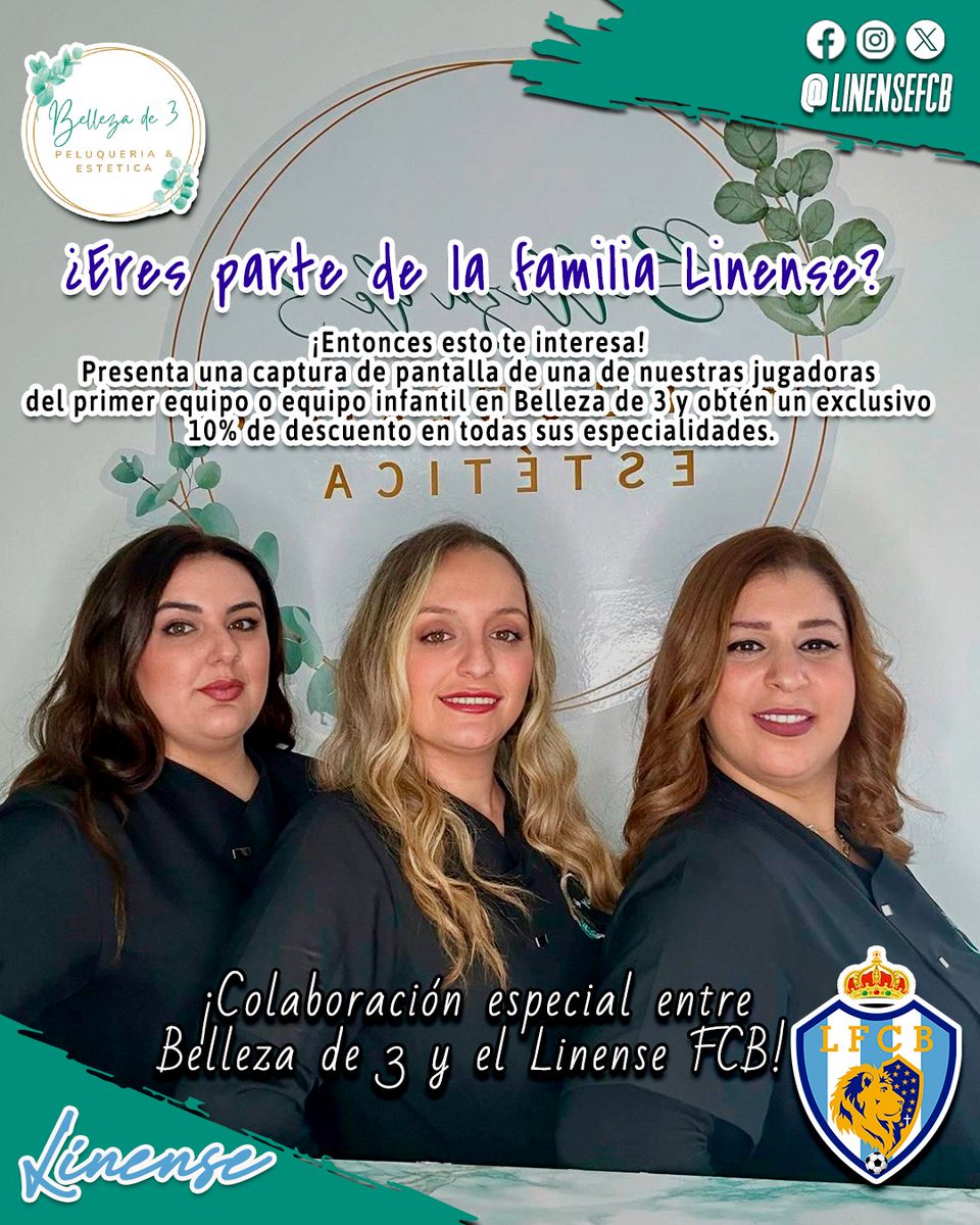 💙⚽️¿Eres fan del Linense FCB? ¡Entonces este descuento es para ti! Obtén un 10% de descuento en Belleza de 3 simplemente mostrando tu amor por nuestro equipo. Comunícate al siguiente número +34 641767245 para más información.
#LinenseFCB #Bellezade3 #Descuento10%
