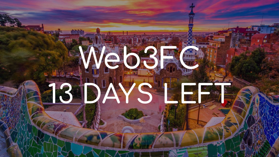 13 days to go ... and yet plenty of news for Web3FC 🔸 Agenda V1 🔸 Web3FC Official Party 🔸 Moar Crypto Events in Barna 🔸 4 More Speakers 🔸 3 More Sponsors 🎟 Single Day Tickets Check this out 🧵👇