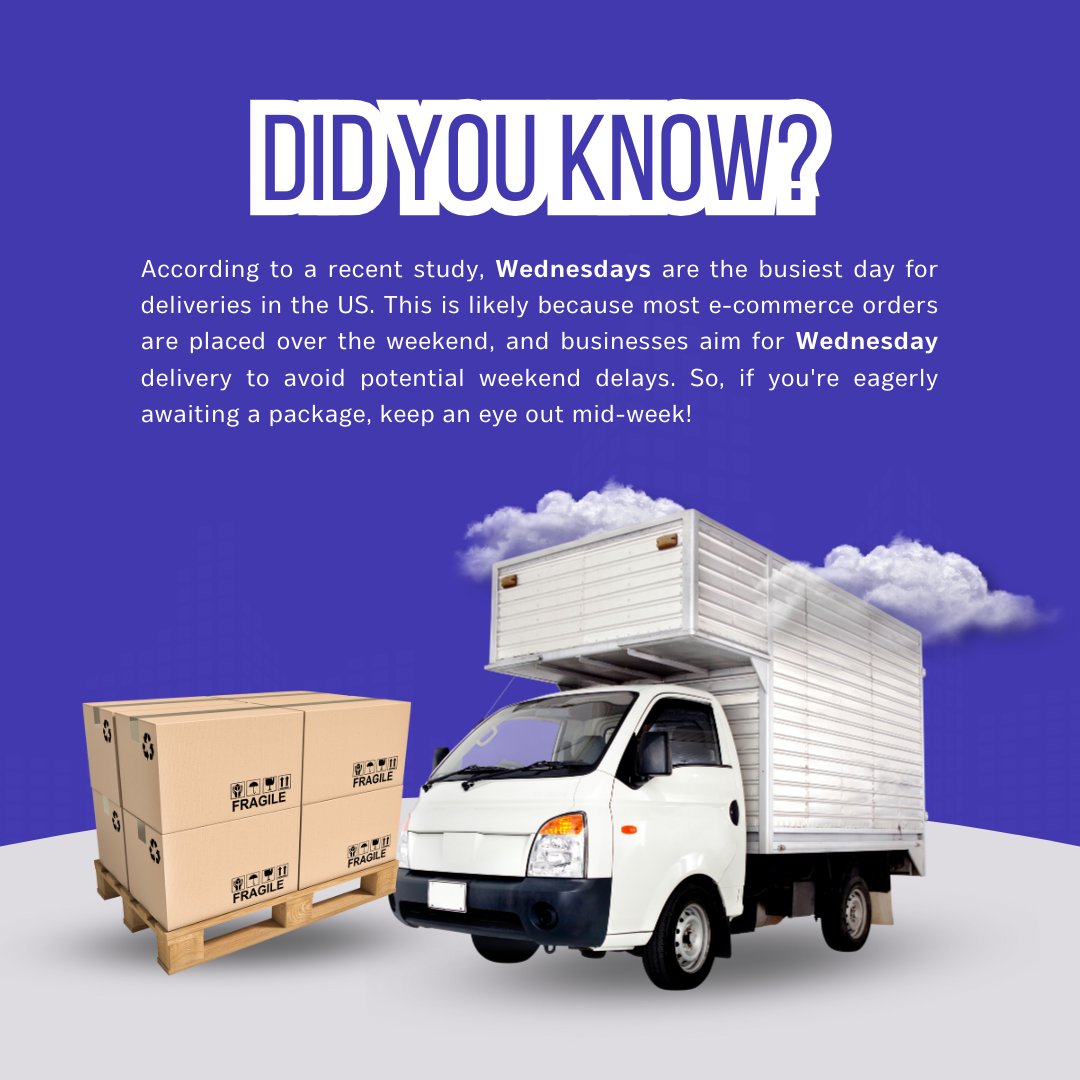 DeftShip's tweet image. Optimize your delivery expectations: Wednesdays are identified as the prime day for parcel arrivals. Plan accordingly with DeftShip! 

🌍deftship.com

#shipment  #shipcode  #defttech #shipmenttracking #deliveryservice #freeship #shipstyle #shippingday