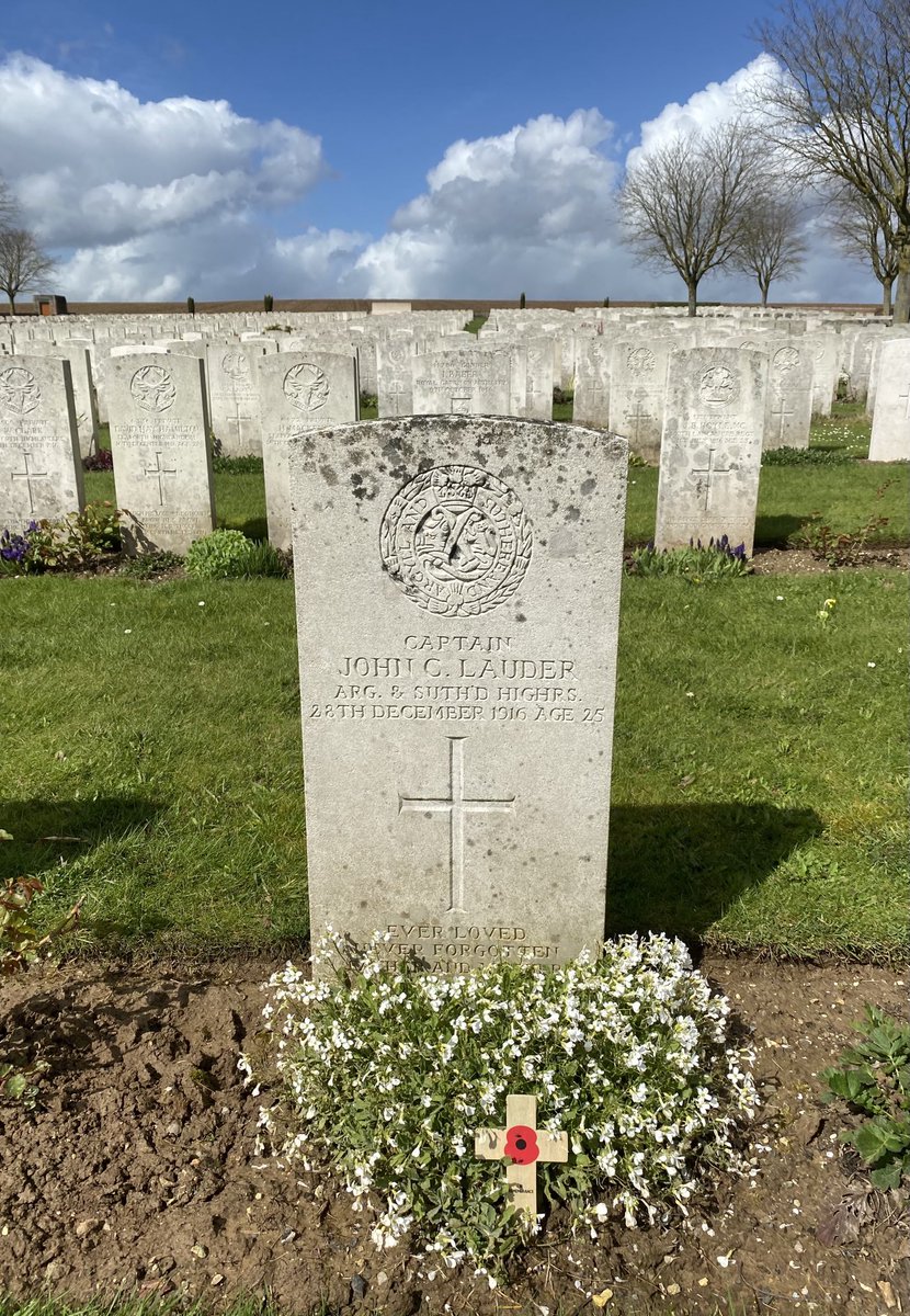 Paid our respects this afternoon to Captain John C Lauder at rest in Ovillers CWGC on the Somme. He was the son of Harry Lauder the famous comedian and Vaudeville theatre singer. Captain John Lauder was shot by a sniper in December 1916. RIP🙏