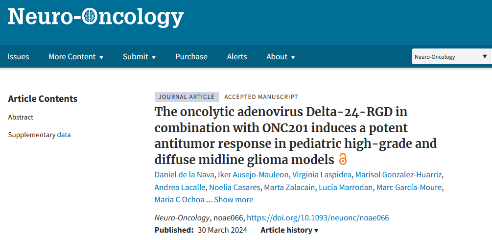 We are pleased to share our work uncovering the potential combination of the oncolytic virus Delta-24-RGD and ONC201 for the treatment of pediatric high-grade and diffuse midline gliomas #pHGG #DMG published in @NeuroOnc. A 🧵below by our talented first author @DdlaNava (1/15)