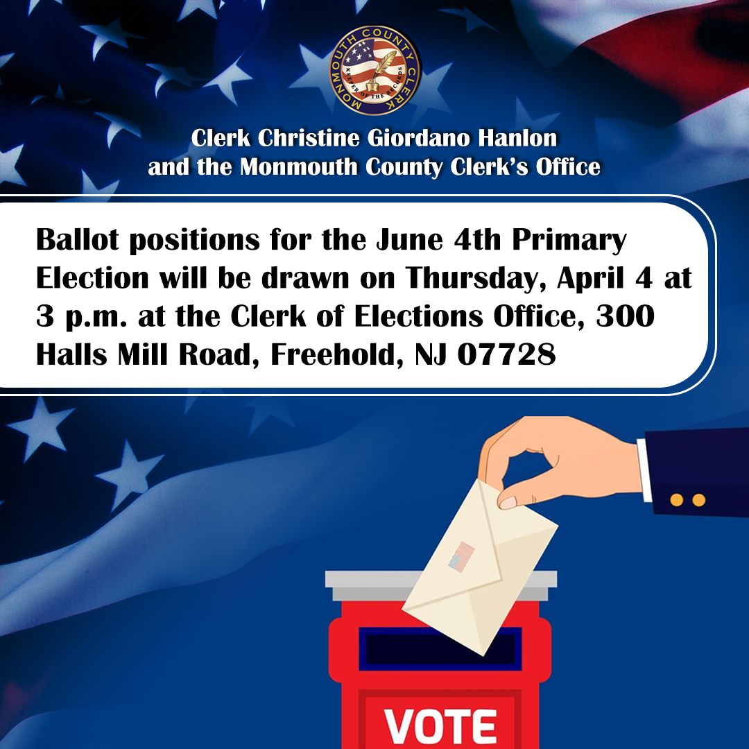 The ballot drawing for the Primary Election is TODAY, Thursday, April 4th, and is open to the public. #primaryelection #monmouthcounty #MonmouthCountyNJ #Vote2024