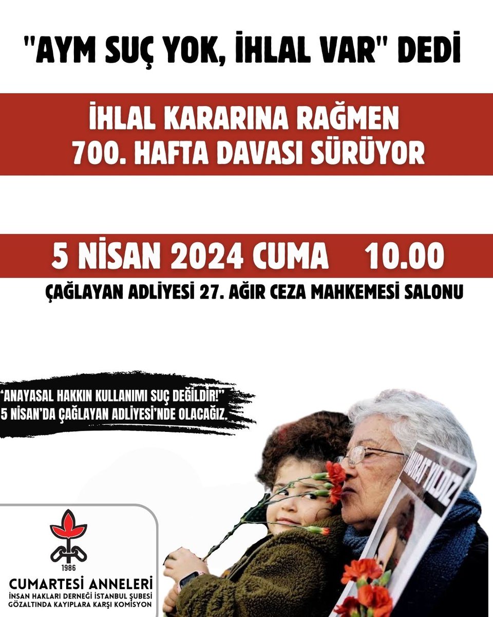 “Anayasal bir hakkın kullanımı suç değildir!” diyerek Çağlayan Adliyesi’nde olacağız. 🗓️ 5 Nisan Cuma 2024 ⌚10.00 📍 Çağlayan Adliyesi