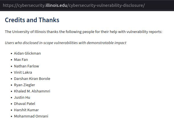 Mohammard Reza Omrani (@omranisecurity) on Twitter photo Hall of fame at <a href="/UofIllinois/">University of Illinois</a>
link: cybersecurity.illinois.edu/cybersecurity-…
#BugBounty Hall of fame at <a href="/UofIllinois/">University of Illinois</a>
link: cybersecurity.illinois.edu/cybersecurity-…
#BugBounty