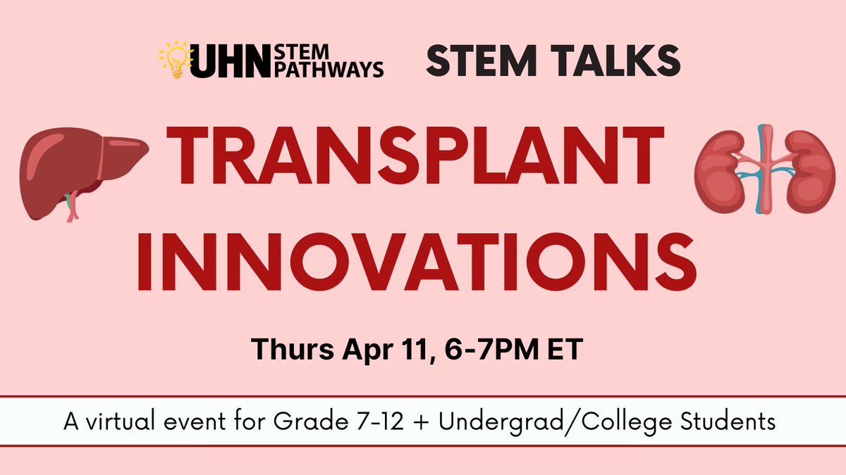 April is all about #TransplantAwareness. Join us at our next STEM Talks, which will highlight @UHN professionals working in this field. This 1-hr career panel for youth will take place via Zoom next Thursday at 6pm ET. 🩺🧫 #TeamTransplant Register here: us06web.zoom.us/meeting/regist…