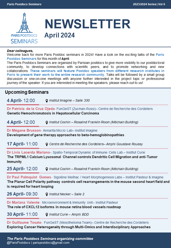 Paris Postdocs Seminars (@parispostdocs) on Twitter photo The April #ParisPostdocsSeminars started today! Don't miss the exciting talks this month at @CRCordeliers, <a href="/InstitutCochin/">Institut Cochin</a>, <a href="/NeckerInem/">INEM NECKER</a> & <a href="/institut_curie/">Institut Curie</a> 🗓️ mark the dates on your calendars!
<a href="/Inserm/">Inserm</a> <a href="/CNRS/">CNRS 🌍</a> <a href="/univ_paris_cite/">Université Paris Cité</a> The April #ParisPostdocsSeminars started today! Don't miss the exciting talks this month at @CRCordeliers, <a href="/InstitutCochin/">Institut Cochin</a>, <a href="/NeckerInem/">INEM NECKER</a> & <a href="/institut_curie/">Institut Curie</a> 🗓️ mark the dates on your calendars!
<a href="/Inserm/">Inserm</a> <a href="/CNRS/">CNRS 🌍</a> <a href="/univ_paris_cite/">Université Paris Cité</a>