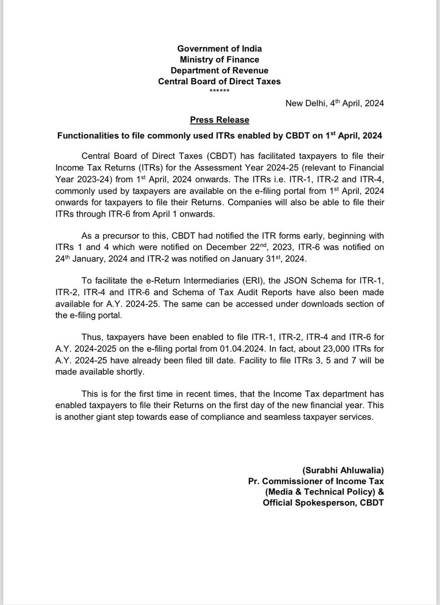 For the first time in recent times, CBDT has enabled taxpayers to file their Income Tax Returns (ITRs) for AY 2024-25 (relevant to FY 2023-24) on the first day of the new FY (1st April onwards)! A giant step towards ease of compliance & seamless taxpayer services! ✅ITR-1,