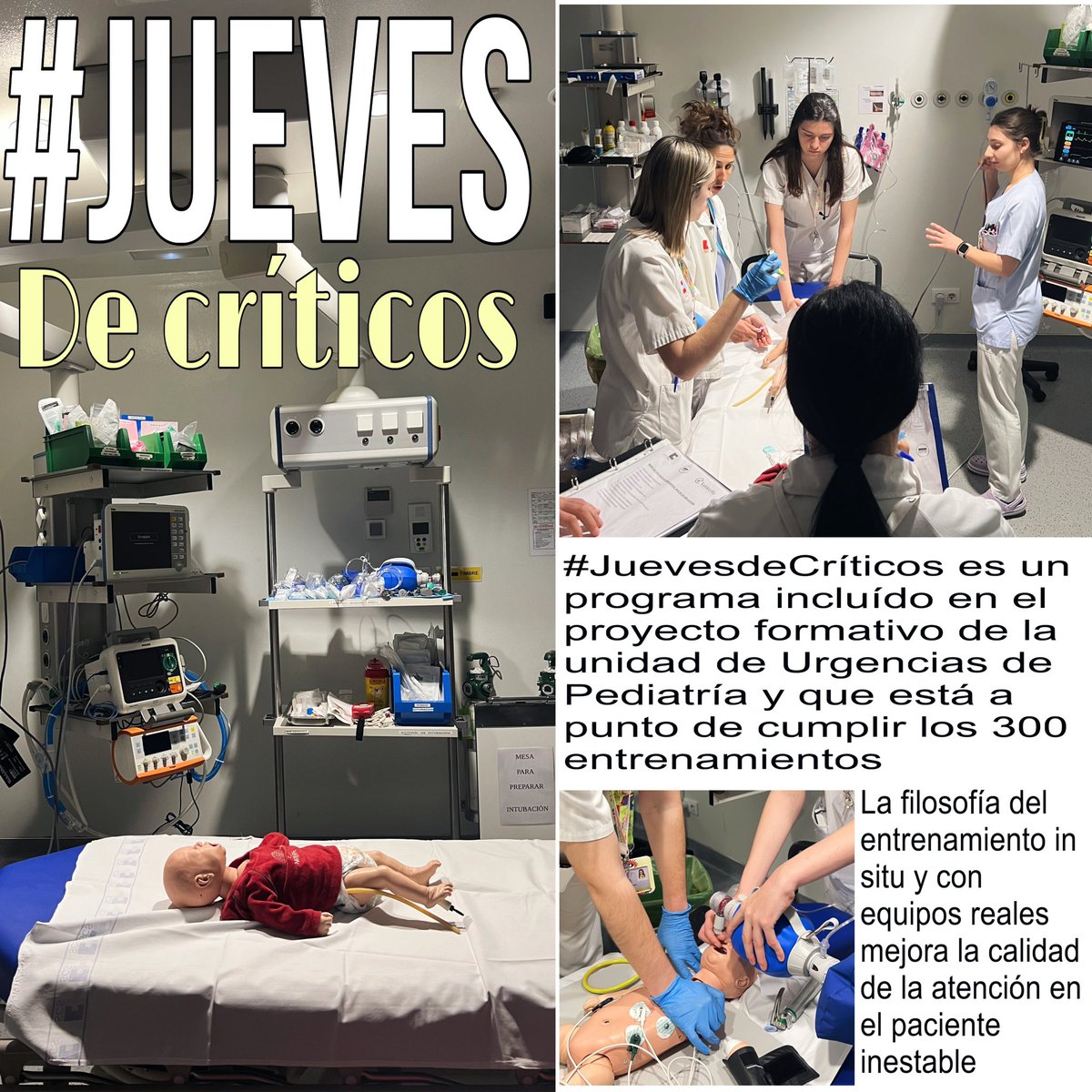 A punto de cumplir los 300 entrenamientos, en #JuevesdeCríticos realizamos por primera vez una #SimulaciónGuiada para interiorizar con facilidad el protocolo de aproximación a paciente inestable y reconocimiento de la parada cardio-respiratoria. #UrgenciasPediatría 
Seguimos💪