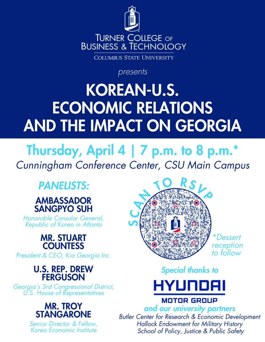 Tonight! Join us at @ColumbusState & @CSUHistoryGP for a great panel on the US/Korean economic relationship -- featuring @RepDrewFerguson, Ambassador Suh from @koreanatlanta, Stuart Countess from @Kia , and Troy Stangarone from @KoreaEconInst! Should be amazing!