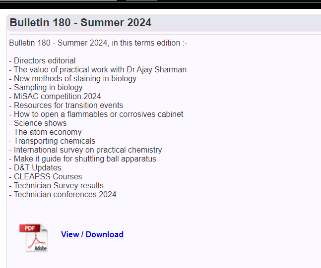 Bulletin 180 - Summer 2024 is now live on our website science.cleapss.org.uk/Whats-New/