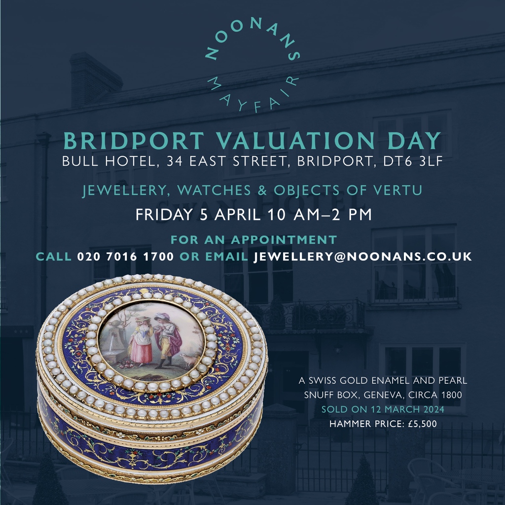 TOMORROW! 10am - 2pm!⁠
Our #JEWELLERY #WATCHES⁠ #OBJECTSOFVERTU
#VALUATIONDAY⁠
⁠
at The BULL HOTEL, 34 East Street, Bridport DT6 3LF
⁠
Friday, April 5, 2024
#Bridport #Dorset

Please ring for an appointment⁠

noonans.co.uk/news-and-event…