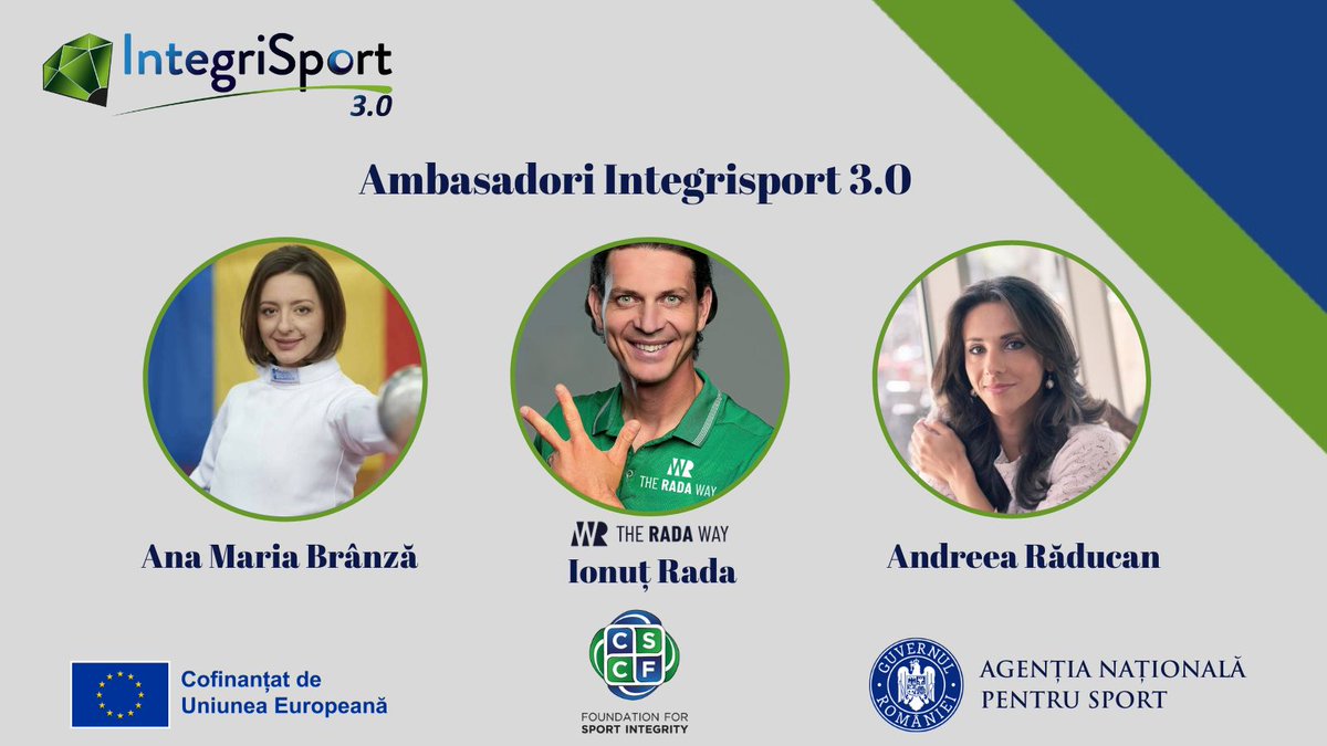 Suntem onorați să avem alături, ca Ambasadori Integrisport 3.0, trei mari sportivi recunoscuți pentru activitatea lor de promovare a sportului și a valorilor asociate acestuia: Ana-Maria Branza Official, Andreea Răducan și Ionut Rada.
#ANS #Integrisport #sportmanipulation #cscf