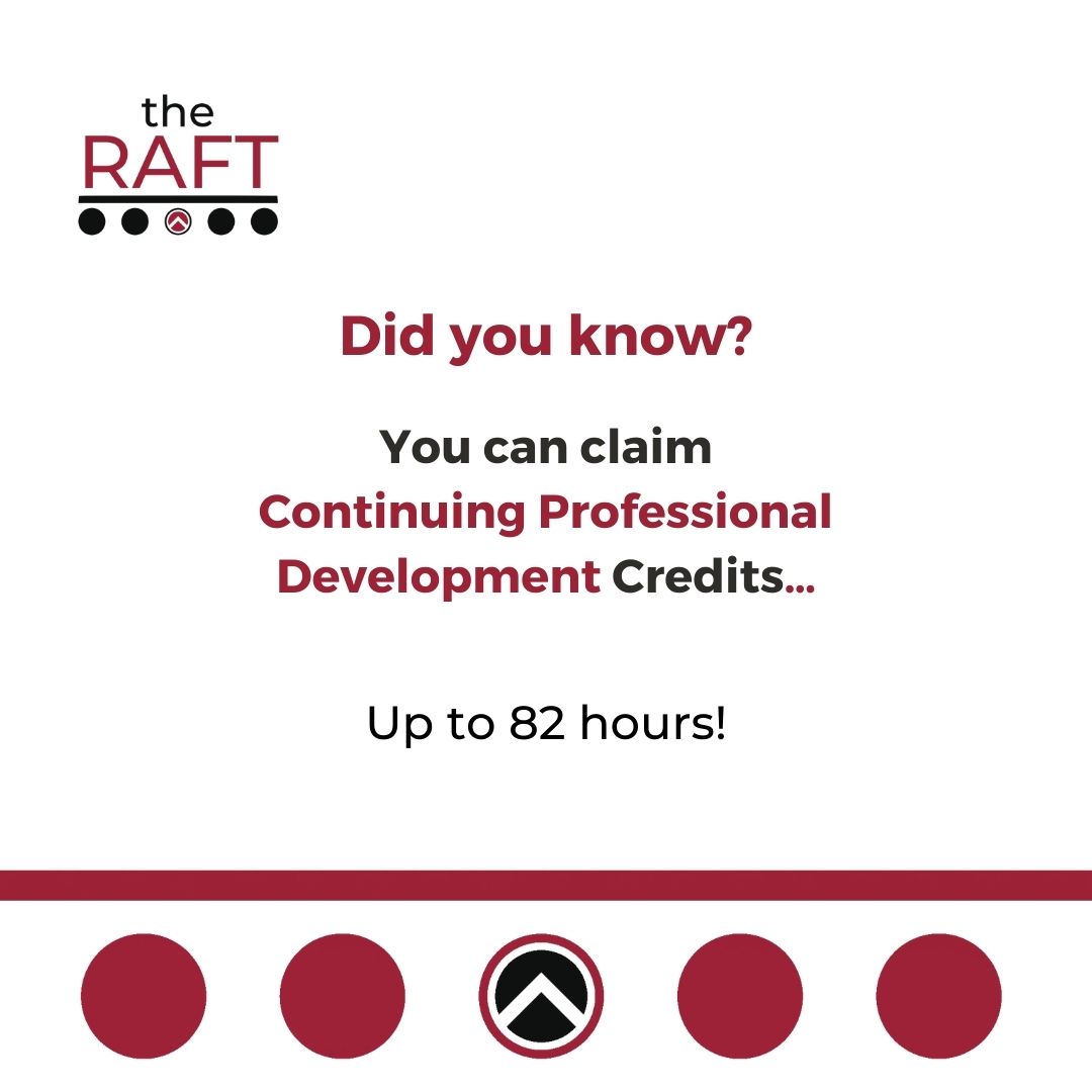 Did you know that The Raft sessions qualify for Continuing Professional Development credits? Login to Circle today to catch up or to access a certificate of attendance for webinars attended in 2023. Claim up to 82 hours. loom.ly/0Nei1r0