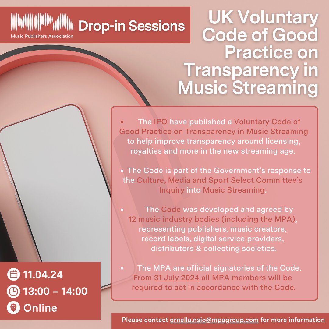 the_MPA's tweet photo. NEXT WEEK: Drop-in Sessions | Voluntary Code of Good Practice on Transparency Music 

Ornella Nsio, Chief Policy &amp; Public Affairs Officer will be answering queries from MPA members in a series of online drop-in sessions. 

Read more here - https://t.co/azGO5yzmWN https://t.co/JHeZHhNjWq