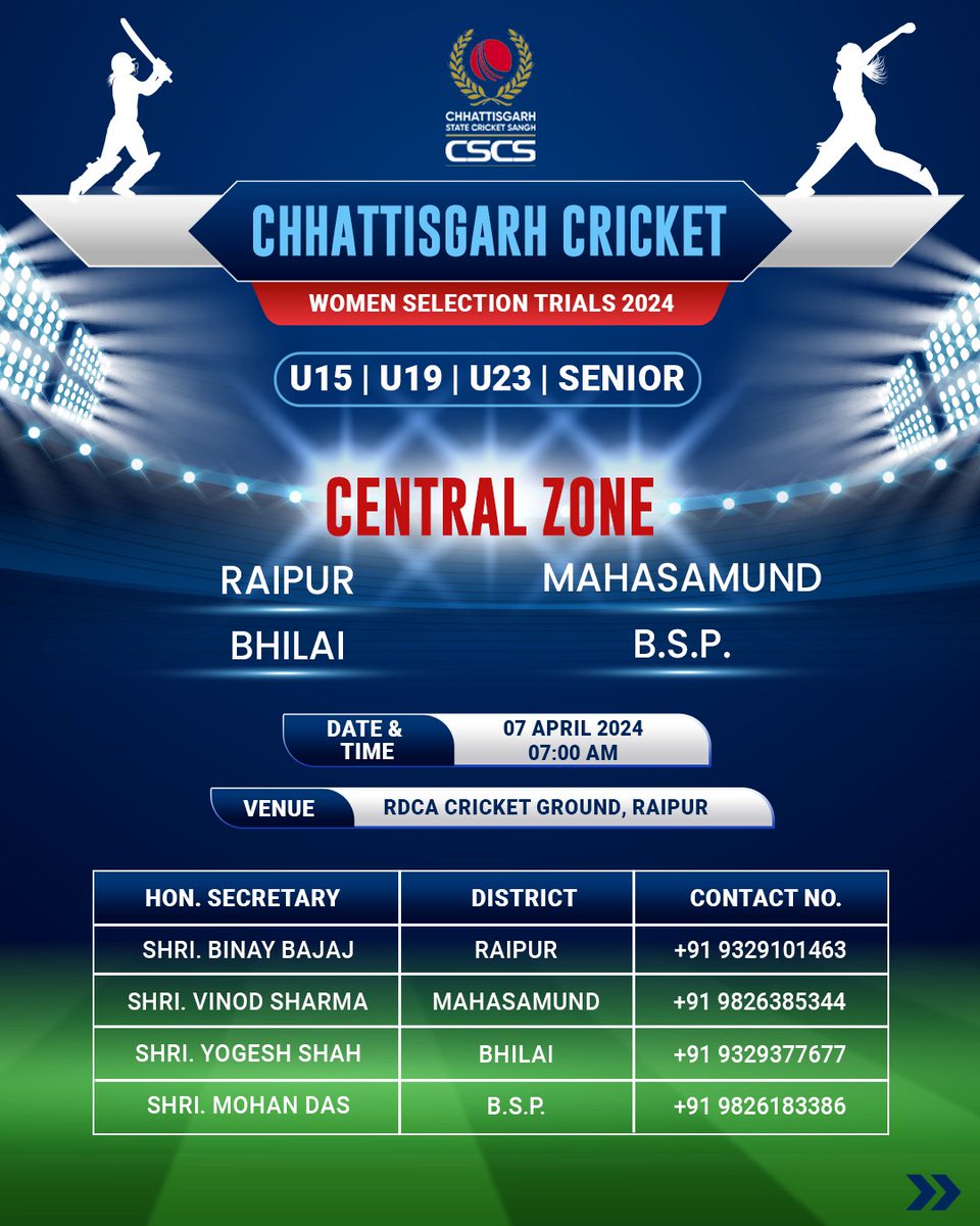 CricketCSCS's tweet photo. Be part of history! #CSCS invites female talent for the #WomenSelectionTrial2024 on April 7th, 7:00am.
All categories welcome: U15, U19, U23, and Senior.
The #SelectionTrial will be conducted in various District Cricket Associations, allocated across 5 zones across #Chhattisgarh. https://t.co/4ivpanJskY
