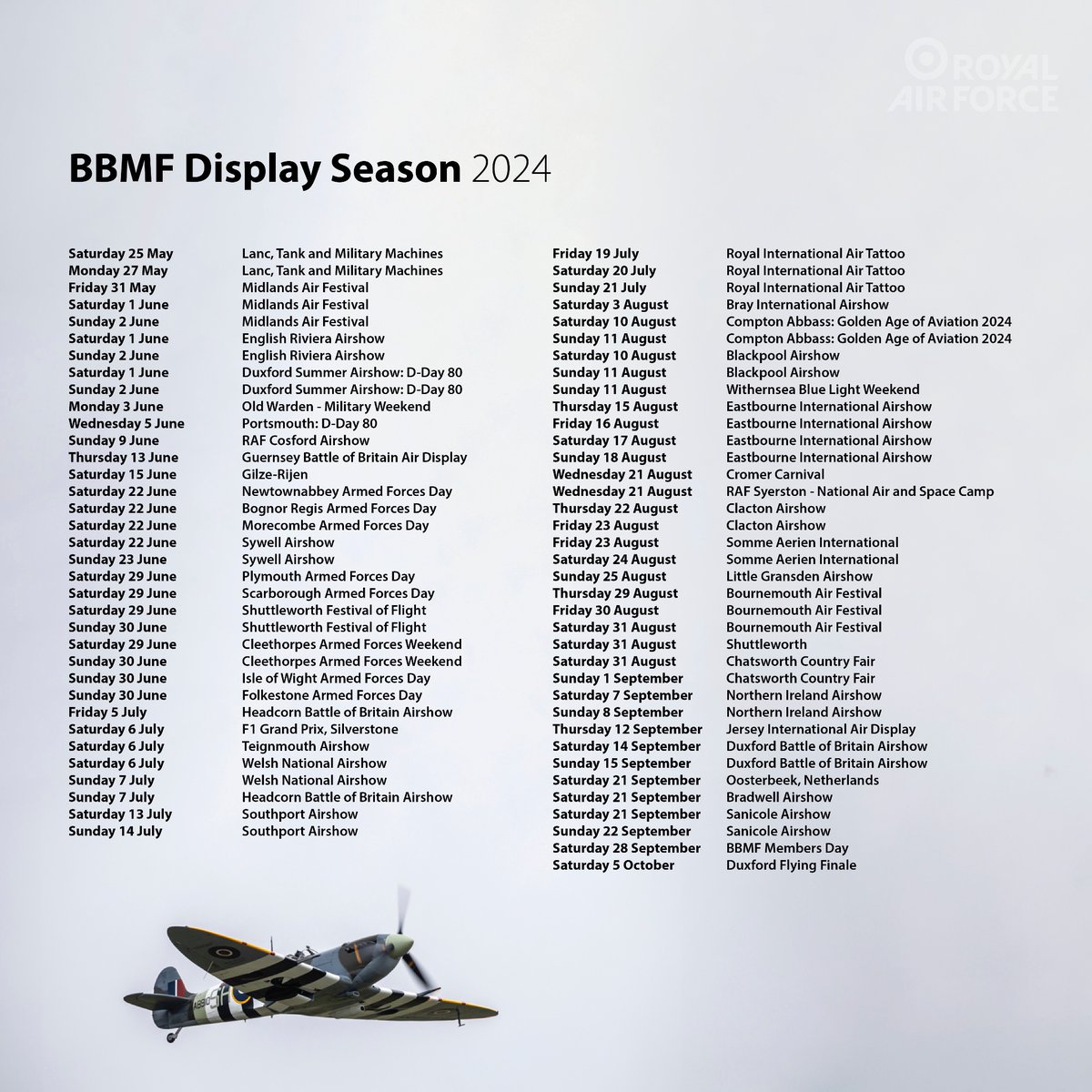 Are you ready for the summer? ☀️🕶️ We certainly are, and we are delighted to announce the dates and events included in our 2024 Display Season! As usual, this list is for full displays only, and does not include individual flypasts ✈️ bit.ly/2024Displays
