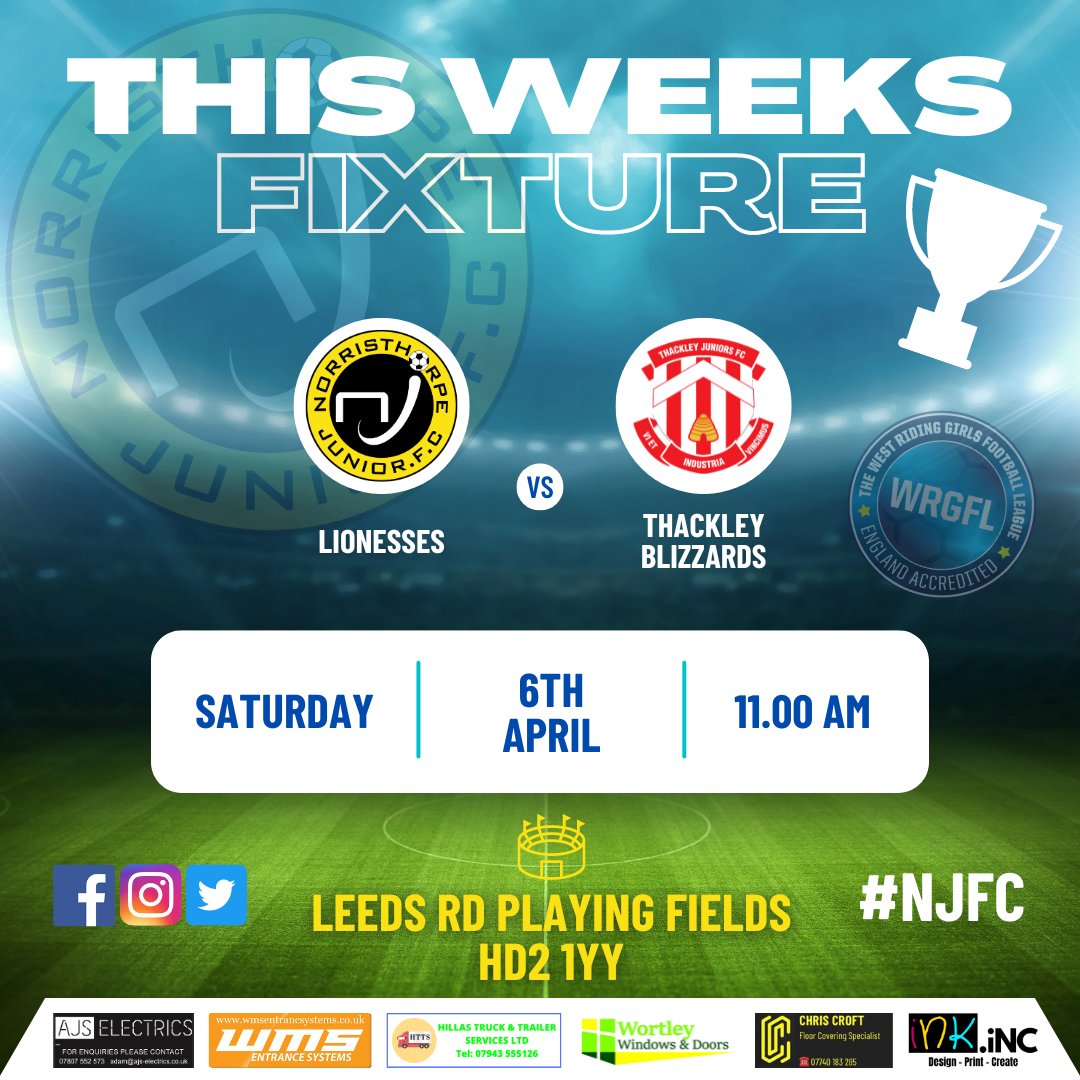 Saturday is a home fixture in the Shield. We have had to change the venue due to the ongoing rain! We will be playing at Leeds rd playing fields HD2 1YY.
🏆Shield
⏰11:00am
📍HD2 1YY
Hope you can join us to cheer the Lionesses on 👏
#NJFC #wrgfl #girlsfootball #Halifax #wegoagain