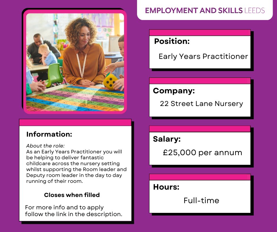 ✅ Experience of working in a Nursery setting? 🧒🏽👩 ✅ Achieved a Level 3 qualification in Childcare (EYE)? 🎒 22 Street Lane Nursery are looking for a Level 3 Early Years Practitioner to join their team! 🧮 📲Apply here: bit.ly/3TCzfTa