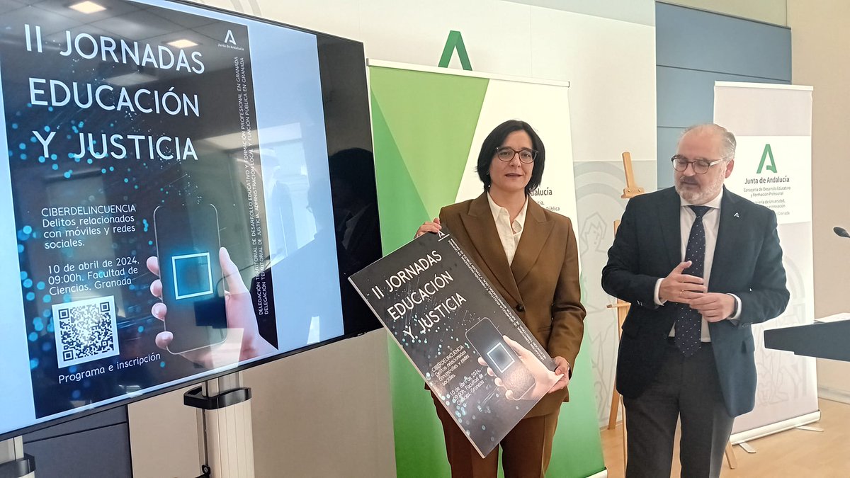 JuntaGranada's tweet photo. La delegada de @EducaAnd @MariaJoseBaza, junto con el delegado de @JusticiaJunta @LuisRecuerda, presentan las II Jornadas de Educación y Justicia. En estrecha colaboración desde el 2006 atendiendo a menores sujetos a medidas judiciales en la provincia a través del @EquipoTcnico https://t.co/dIjUiPKyXd