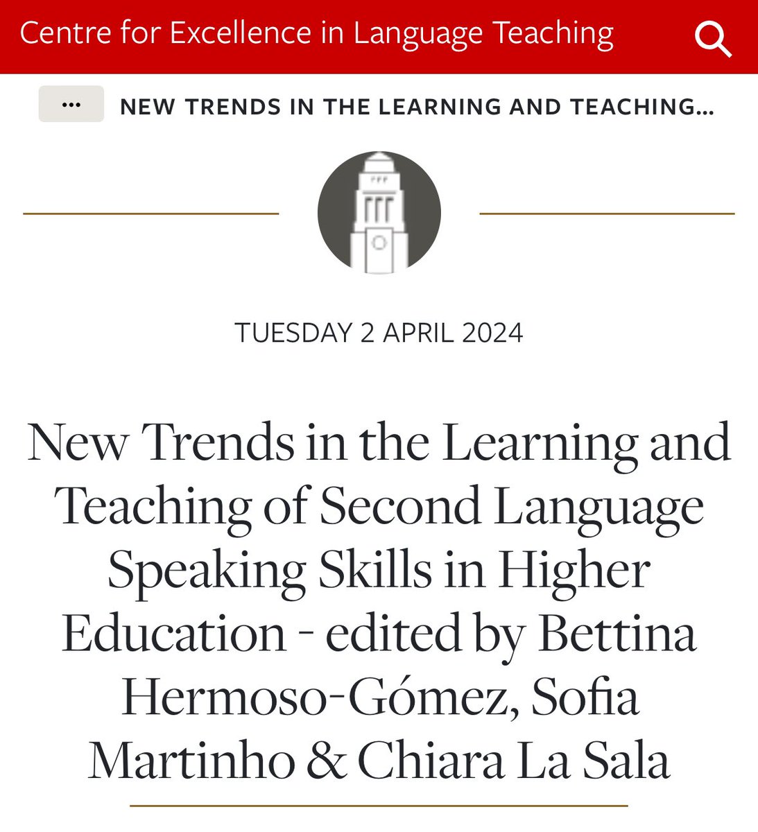 Congratulations to @bttnhg, @sofiarmartinho and Chiara La Sala, the editors of an innovative new book “New Trends in the Learning and Teaching of Second Language Speaking Skills in Higher Education“ just published with @CamScholars! celt.leeds.ac.uk/news/new-trend…