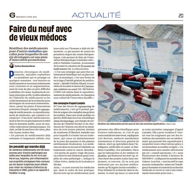 '𝗢𝗻𝗲 𝗼𝗳 𝘁𝗵𝗲 𝘀𝘁𝗿𝗲𝗻𝗴𝘁𝗵𝘀 𝗼𝗳 𝗿𝗲𝗽𝘂𝗿𝗽𝗼𝘀𝗶𝗻𝗴 𝗱𝗿𝘂𝗴𝘀 𝗶𝘀 𝘁𝗵𝗮𝘁 𝘁𝗵𝗲𝘆 𝗰𝘂𝗿𝗲 𝗱𝗶𝘀𝗲𝗮𝘀𝗲𝘀 𝘄𝗵𝗶𝗰𝗵 𝘄𝗲𝗿𝗲 𝗶𝗻𝗰𝘂𝗿𝗮𝗯𝗹𝗲.' 
Our worldwide call has been published in the French weekly <a href="/20Minutes/">20 Minutes</a> newspaper 🙌🏻 #reshapehealthcare