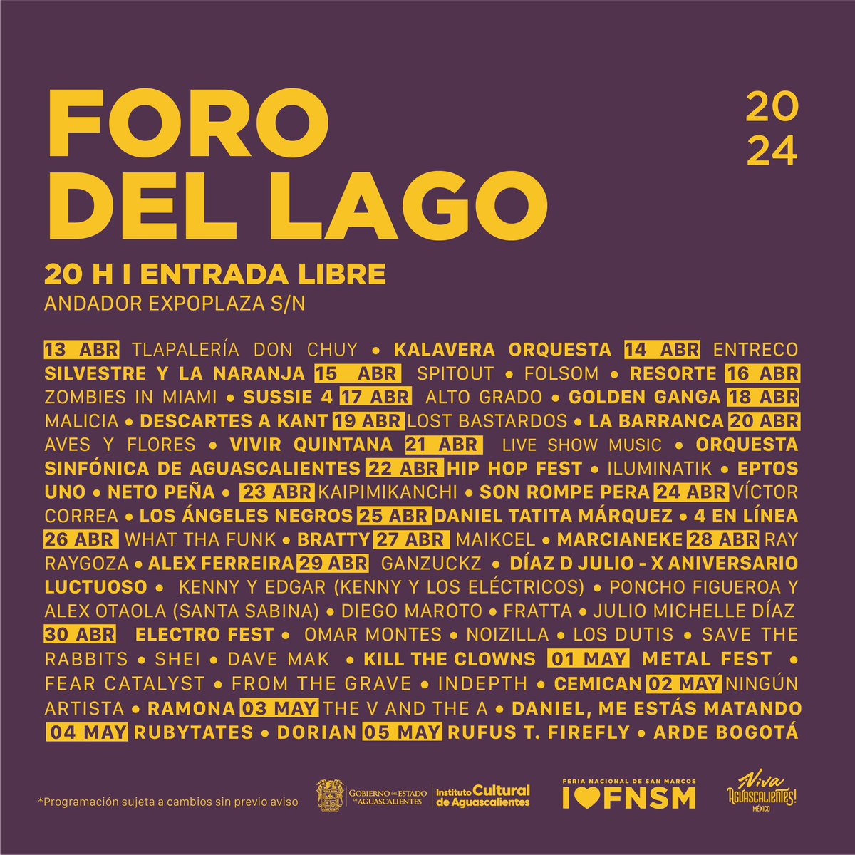 AGUASCALIENTES 🇲🇽 Vamos a estar en el Foro del Lago cerrando la @FNSM_Oficial , y con este serán 3 los conciertos que demos en México este mayo. Además no nos puede parece mejor plan estar junto a @_RufusTFirefly_ en lo que promete ser una noche única🖤 ENTRADA LIBRE 🐎