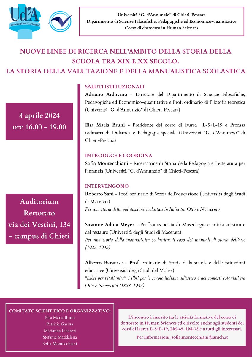 La storia della valutazione e della manualistica scolastica 8 aprile 2024, ore 16.00 - Auditorium Rettorato, Campus Chieti Seminario di studio - Nuove linee di ricerca nell’ambito della Storia della scuola tra XIX e XX secolo unich.it/news/la-storia…