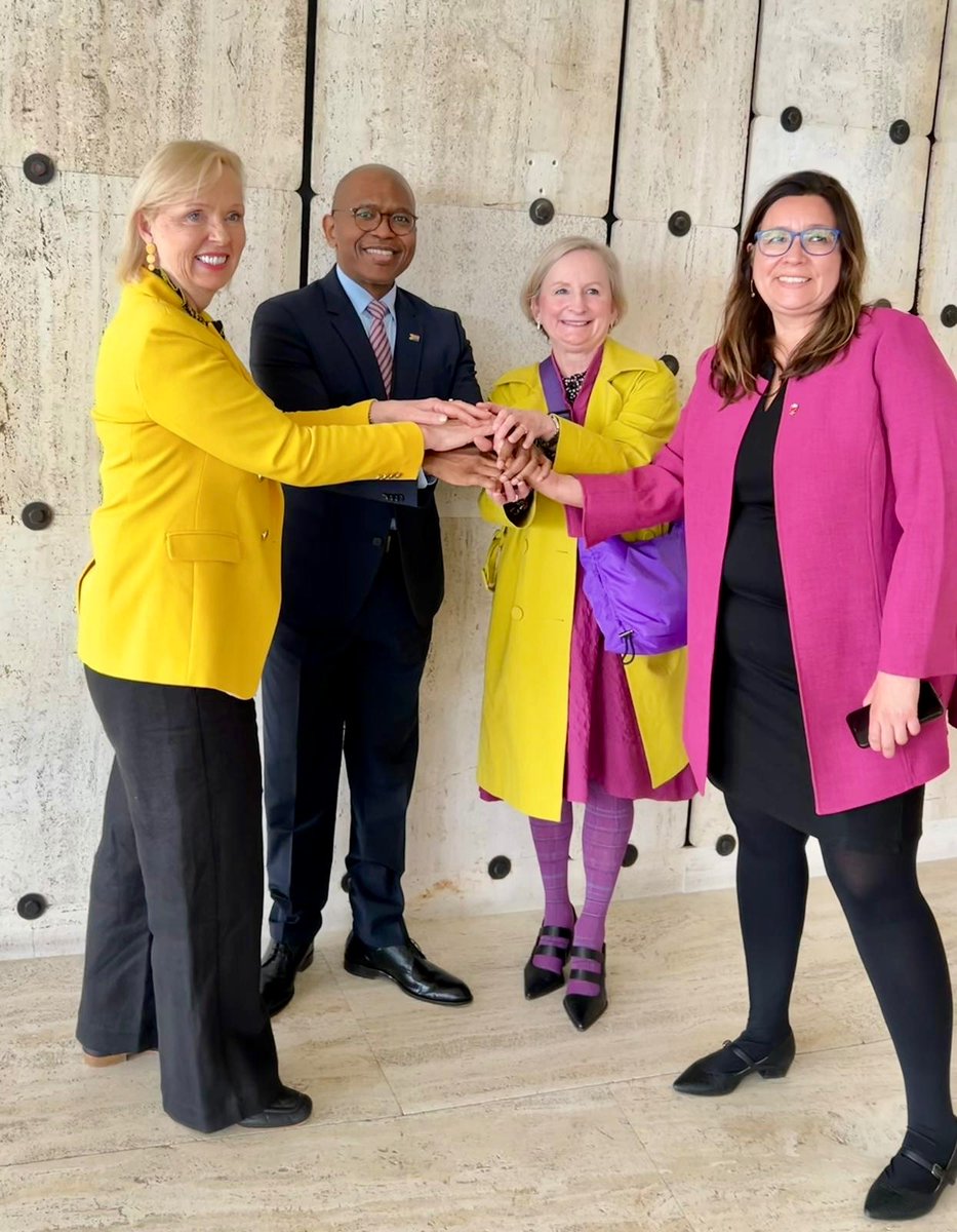Amb. Mxolisi Nkosi with his colleagues Ambs. Heidi Schroderus-Fox of Finland, Amanda Gorely of Australia & Claudia Fuentes Julio of Chile following the adoption of the Resolution on Combating Discrimination, Violence and Harmful Practices against Intersex Persons.#HRC55 🇫🇮 🇦🇺 🇨🇱